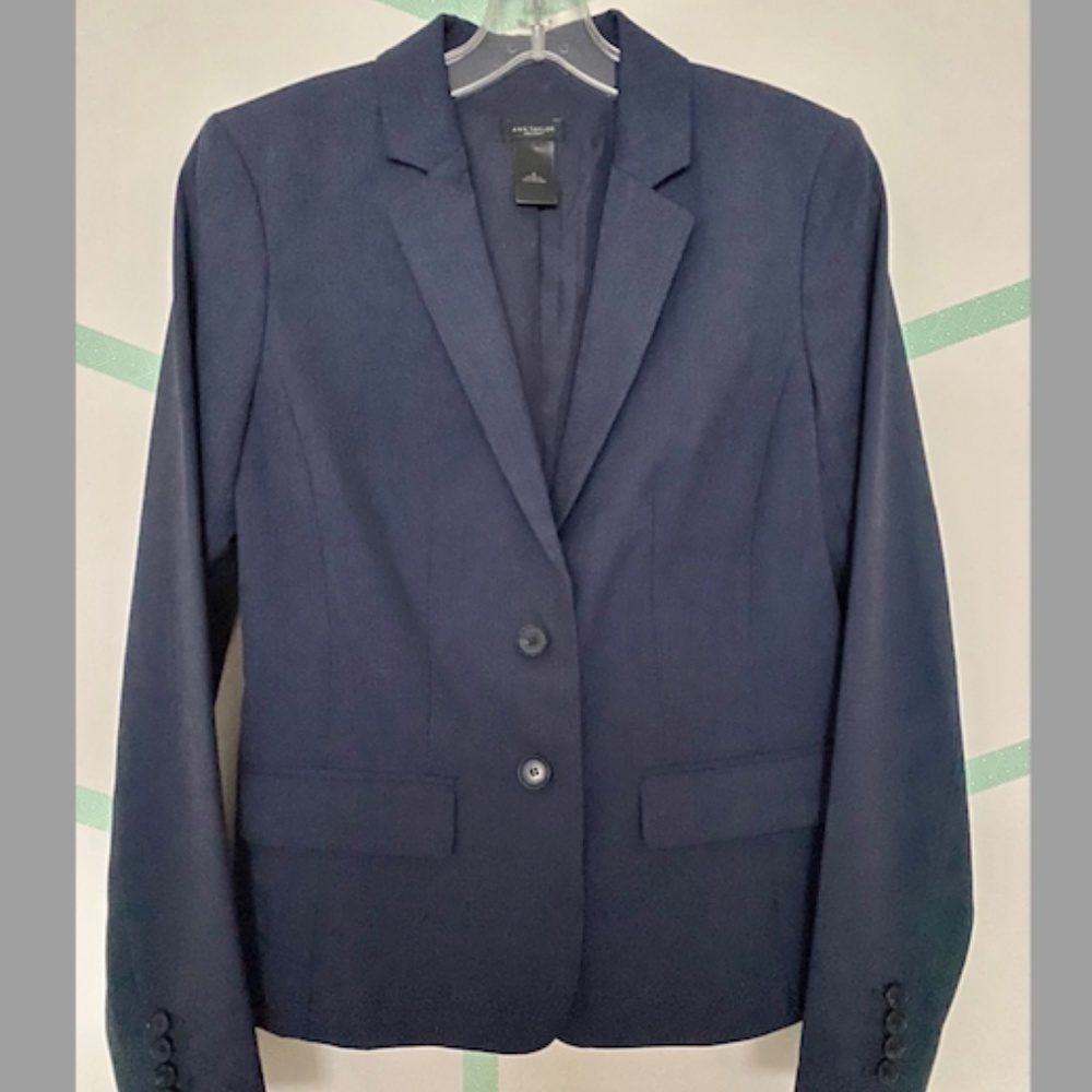 Ann Taylor Factory Navy Suit Blazer Skirt Pant Set